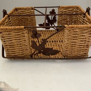 Vintage Rooster Metal Work & Woven Basket - Table Decor for Condiments 11Lx8Wx5H